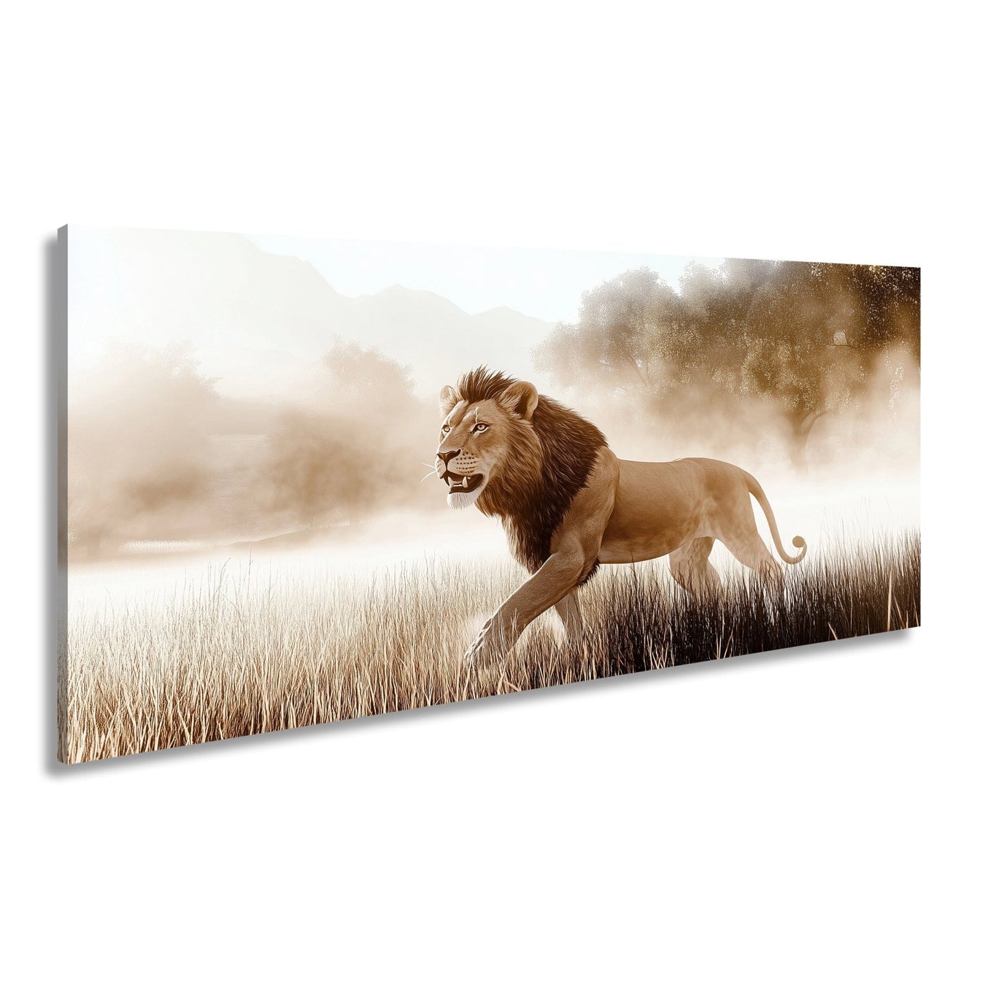 Leinwandbild Morgennebel trägt den König durch das goldene Grasland. - deyoli