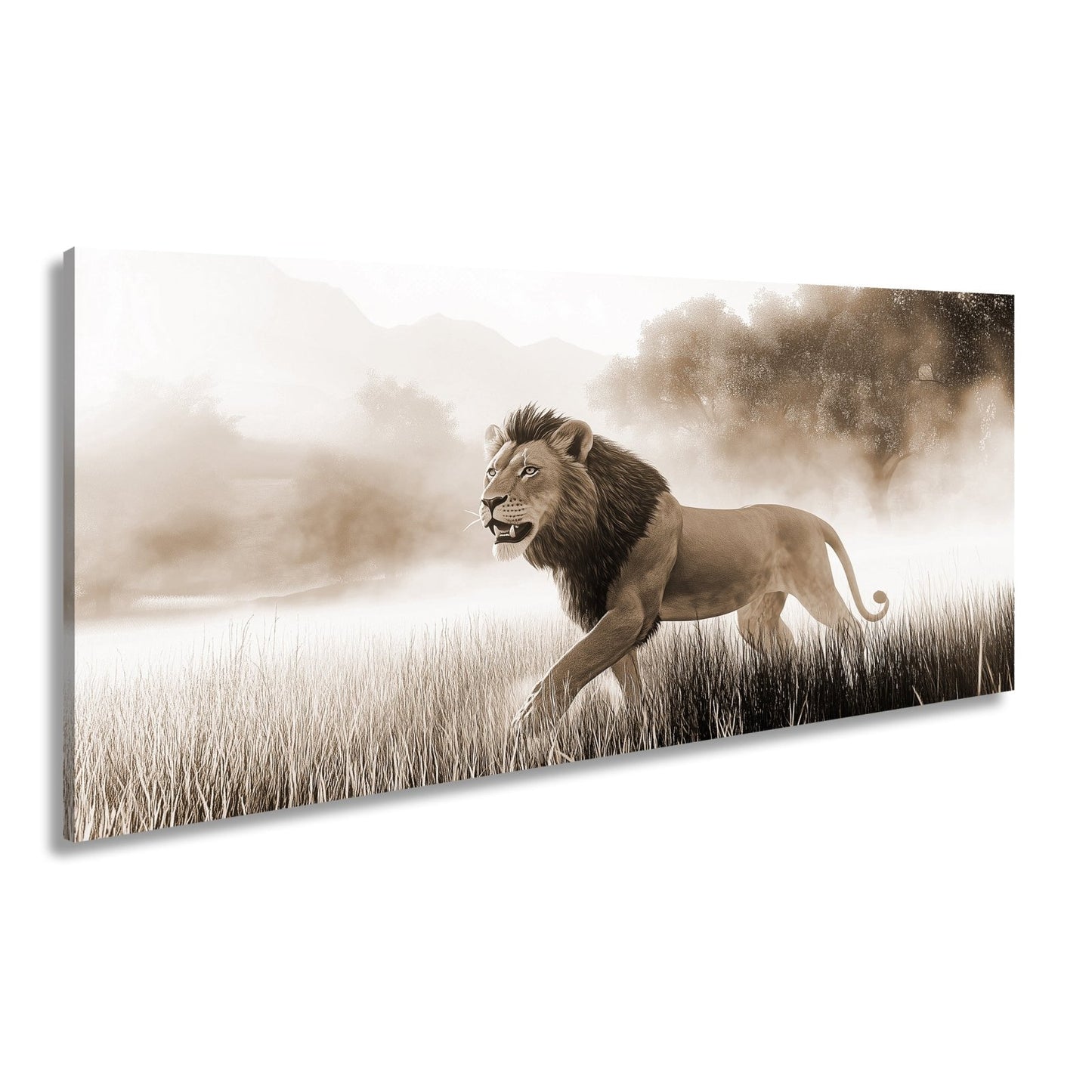 Leinwandbild Morgennebel trägt den König durch das goldene Grasland. - deyoli