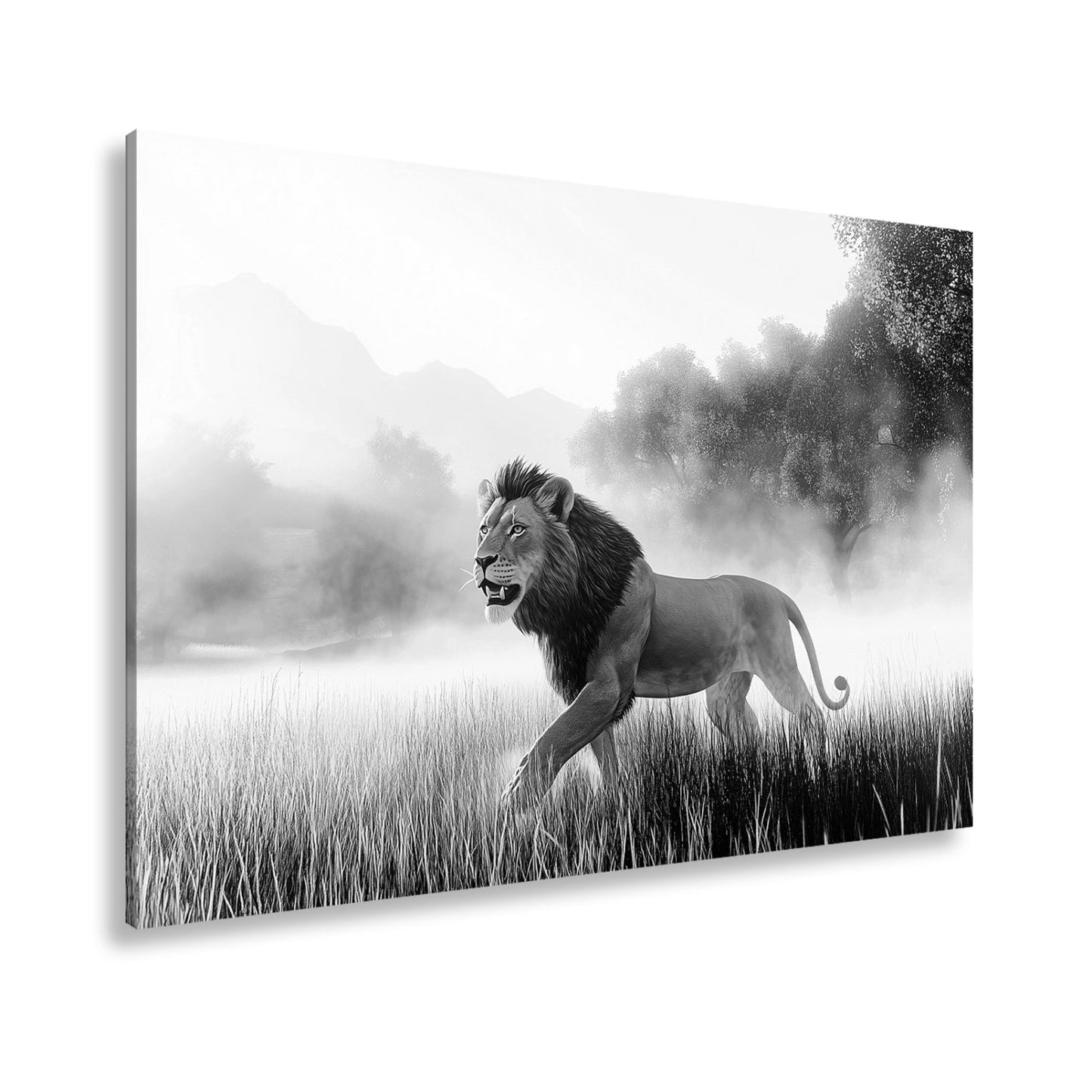 Leinwandbild Morgennebel trägt den König durch das goldene Grasland. - deyoli