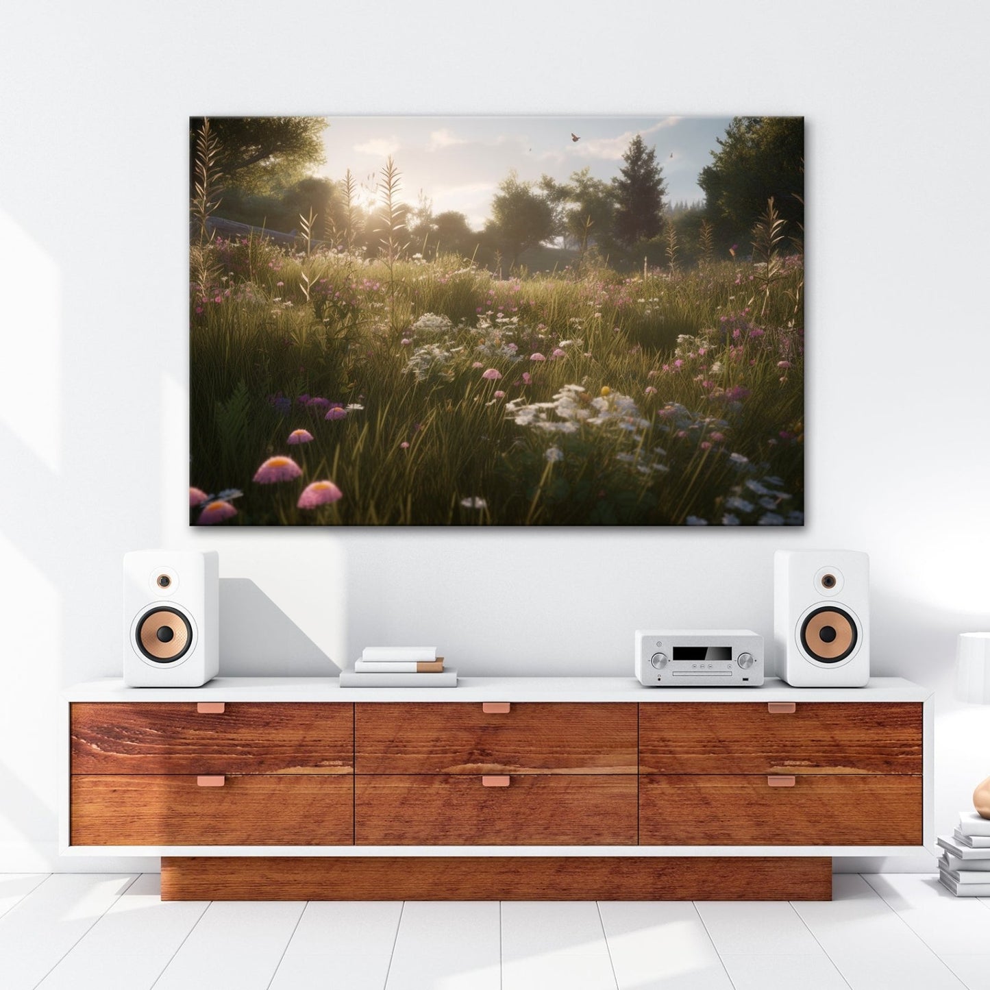 Leinwandbild Morgentanz der Wildblumen im goldenen Licht. - deyoli