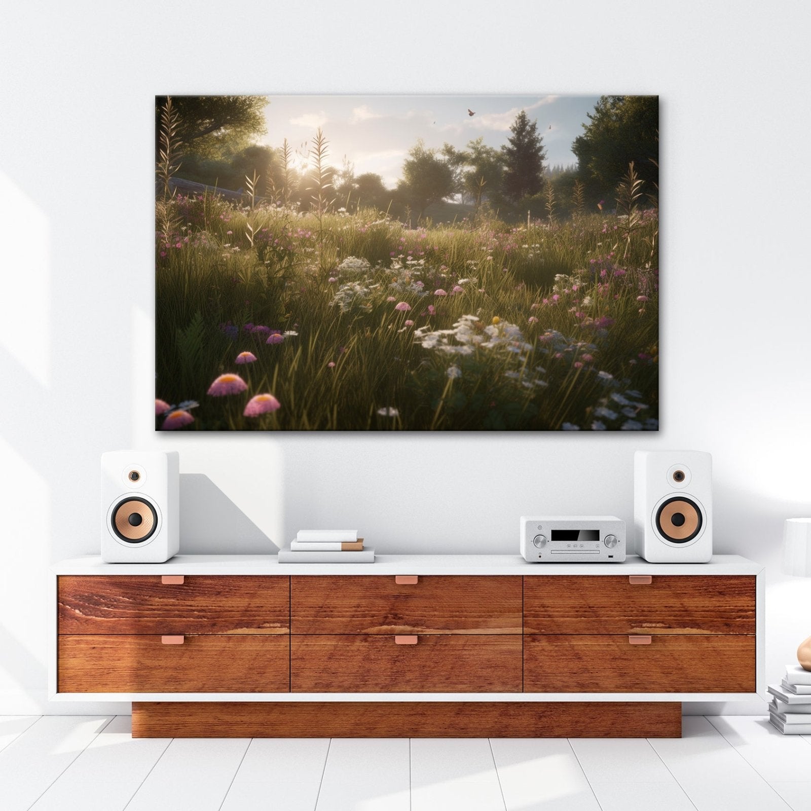 Leinwandbild Morgentanz der Wildblumen im goldenen Licht. - deyoli