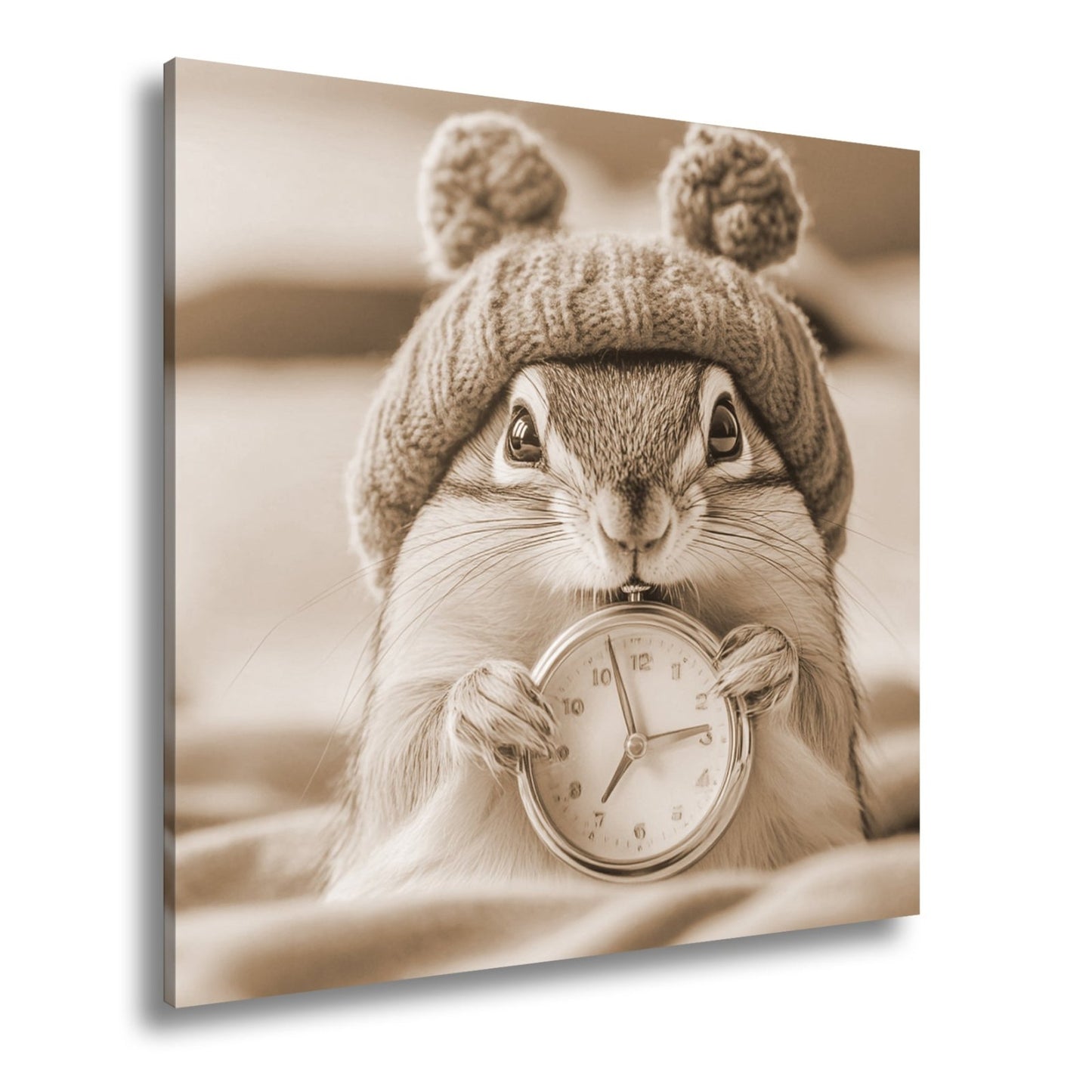Leinwandbild Morgenzauber – Eichhörnchen mit Uhr und Mütze. - deyoli