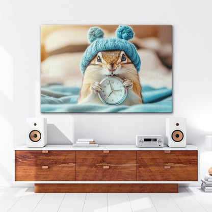 Leinwandbild Morgenzauber – Eichhörnchen mit Uhr und Mütze. - deyoli