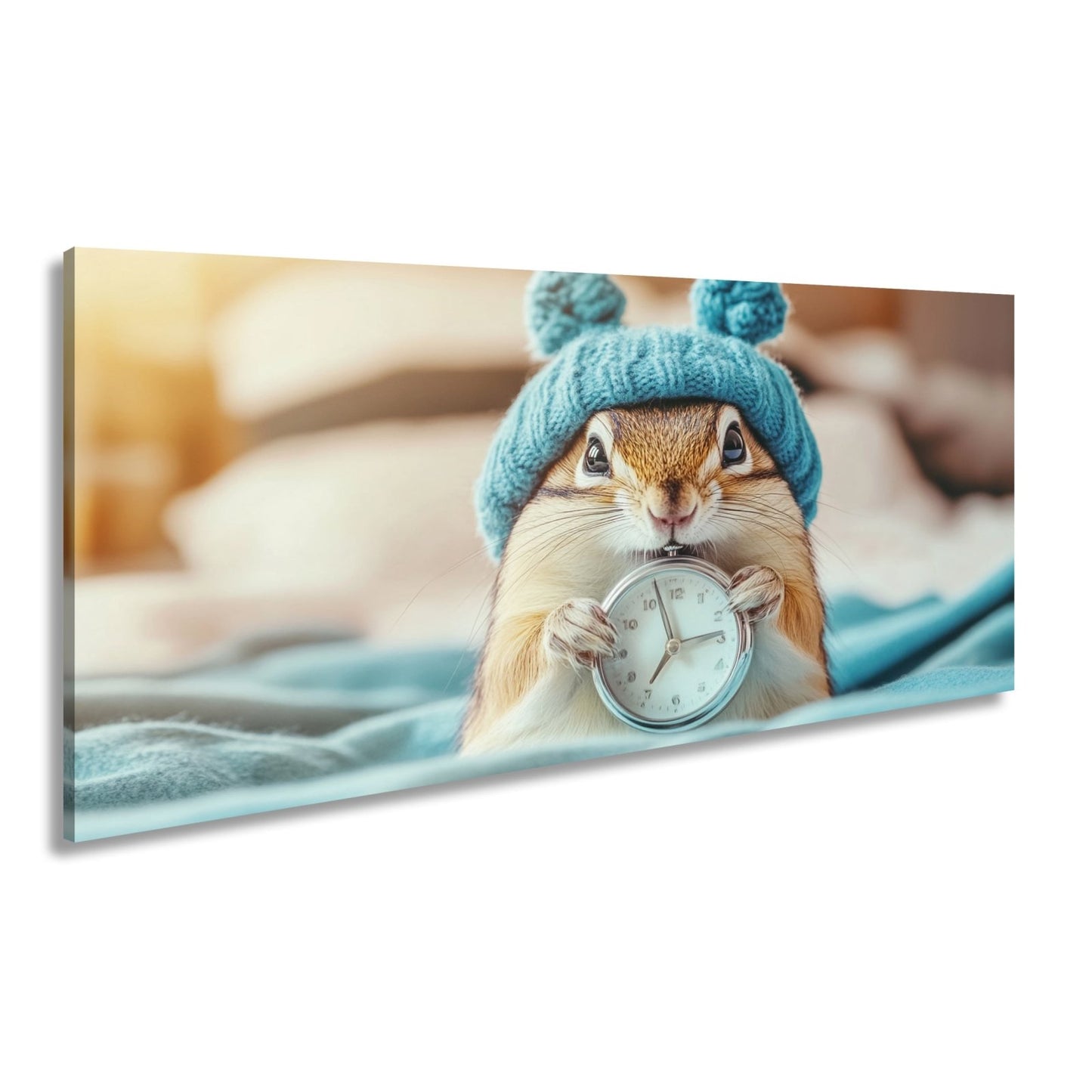 Leinwandbild Morgenzauber – Eichhörnchen mit Uhr und Mütze. - deyoli