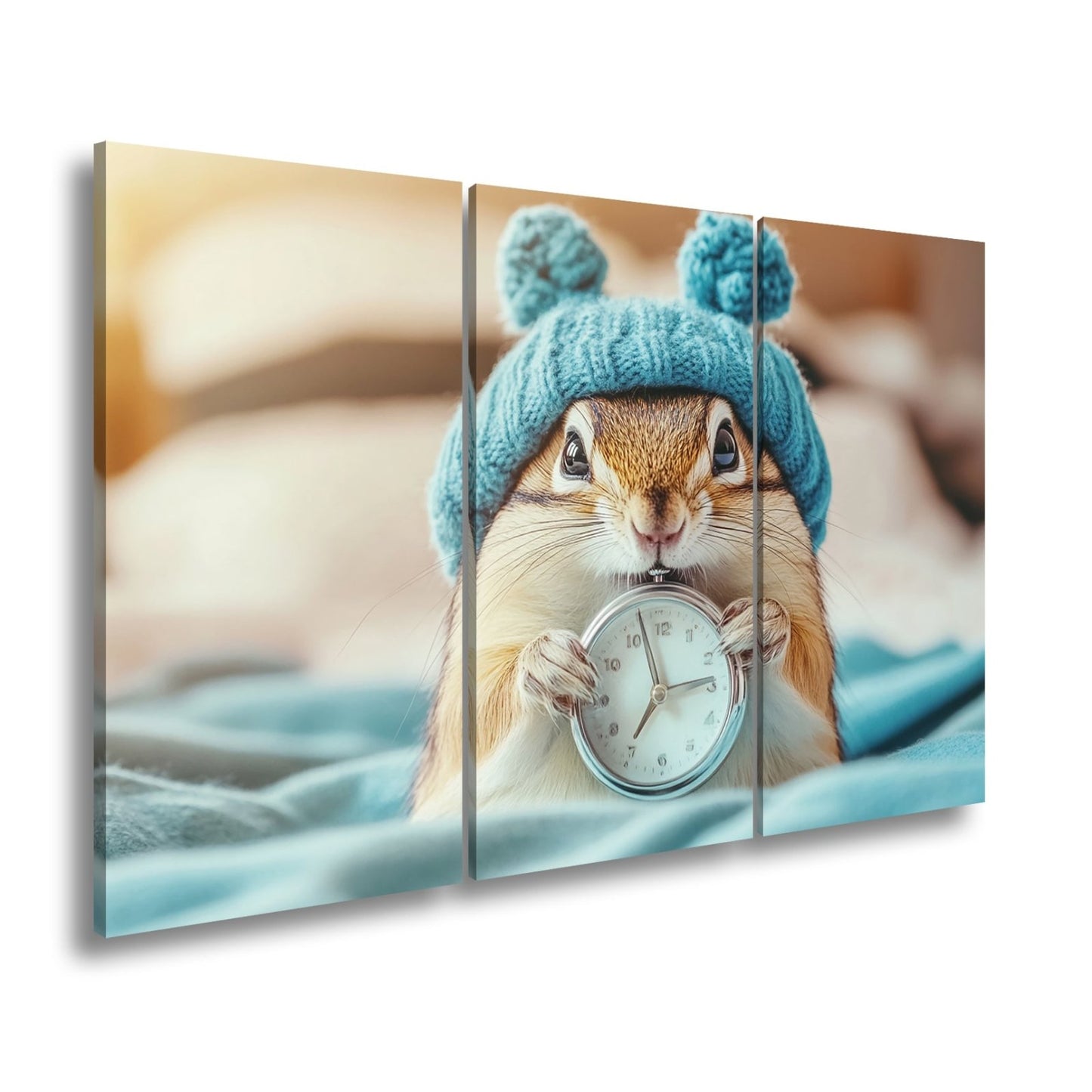 Leinwandbild Morgenzauber – Eichhörnchen mit Uhr und Mütze. - deyoli