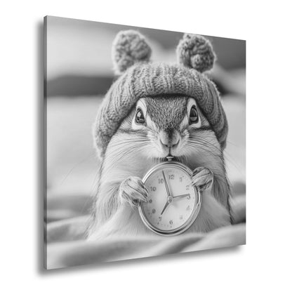 Leinwandbild Morgenzauber – Eichhörnchen mit Uhr und Mütze. - deyoli