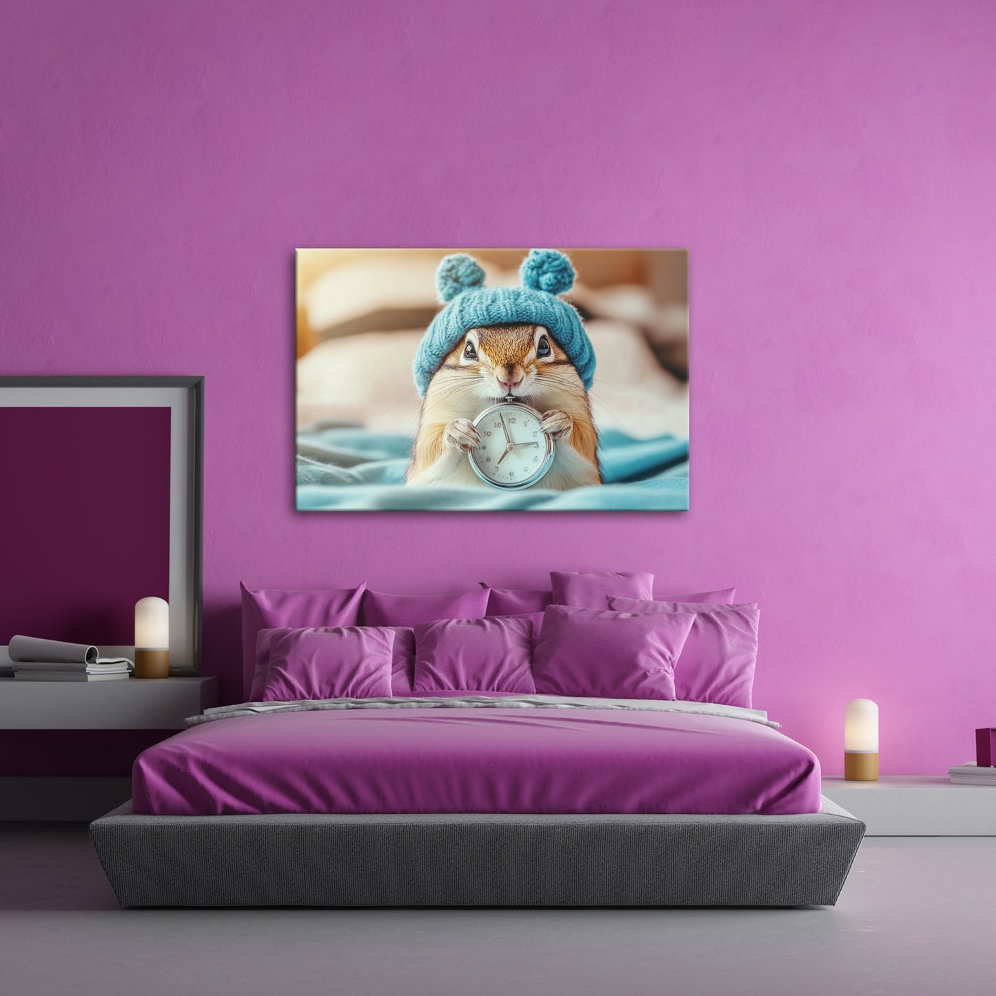Leinwandbild Morgenzauber – Eichhörnchen mit Uhr und Mütze. - deyoli