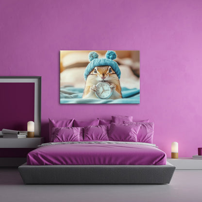 Leinwandbild Morgenzauber – Eichhörnchen mit Uhr und Mütze. - deyoli