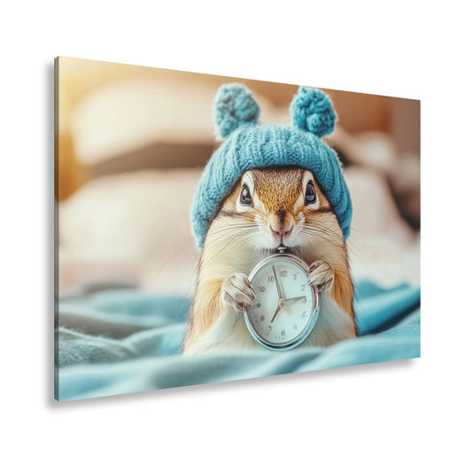Leinwandbild Morgenzauber – Eichhörnchen mit Uhr und Mütze. - deyoli