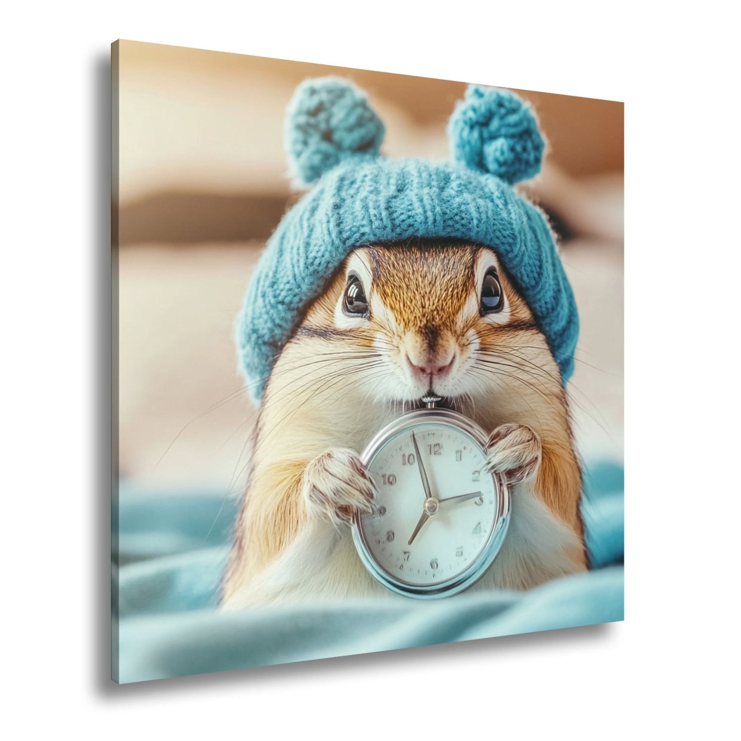 Leinwandbild Morgenzauber – Eichhörnchen mit Uhr und Mütze. - deyoli
