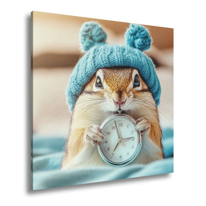 Leinwandbild Morgenzauber – Eichhörnchen mit Uhr und Mütze. - deyoli