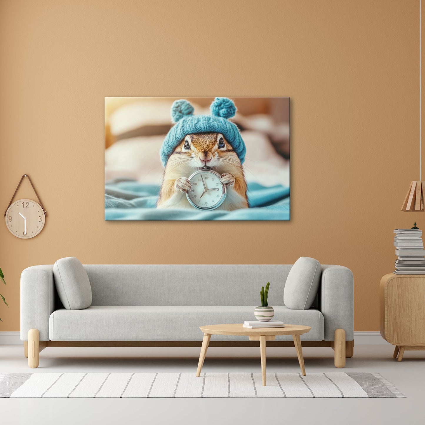 Leinwandbild Morgenzauber – Eichhörnchen mit Uhr und Mütze. - deyoli