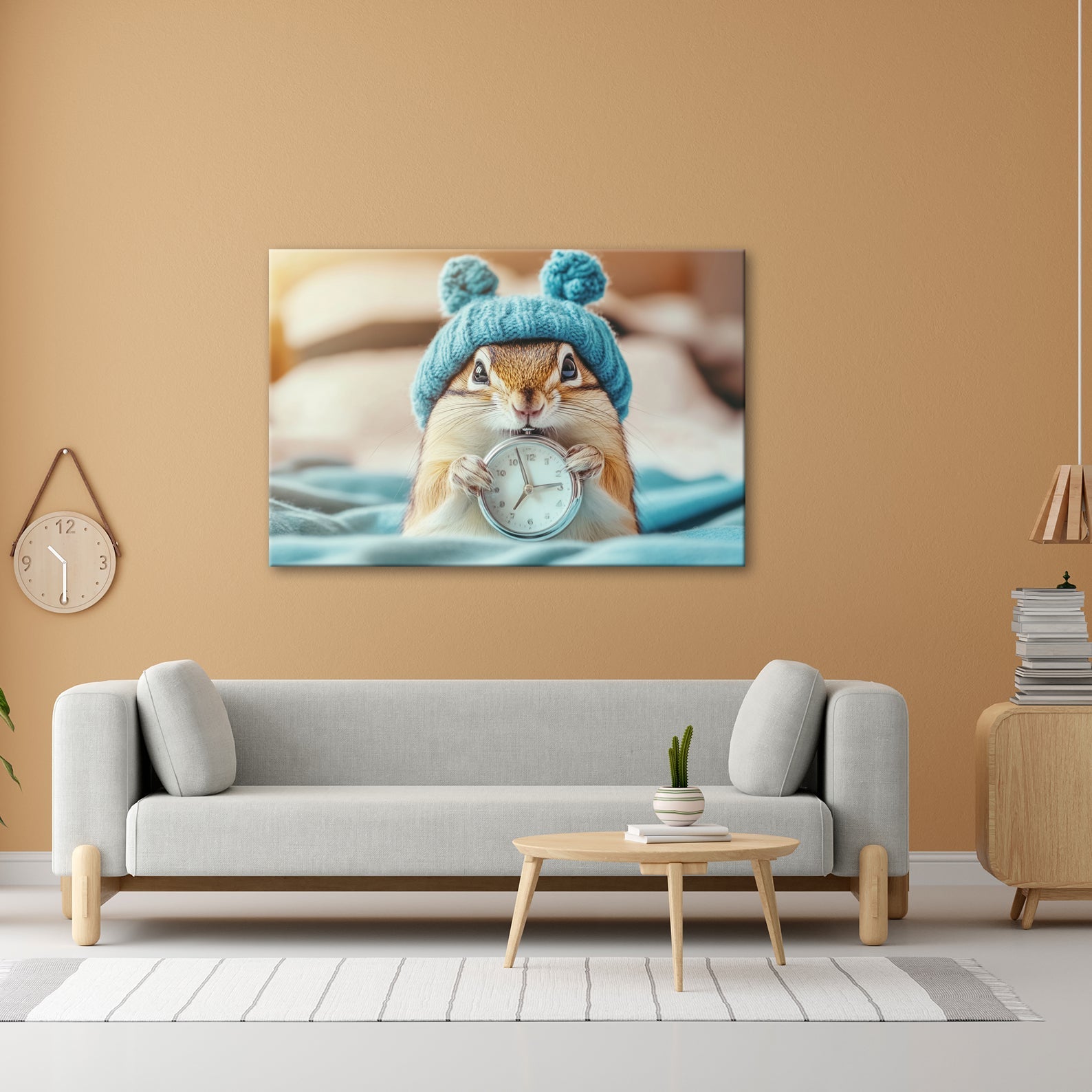 Leinwandbild Morgenzauber – Eichhörnchen mit Uhr und Mütze. - deyoli