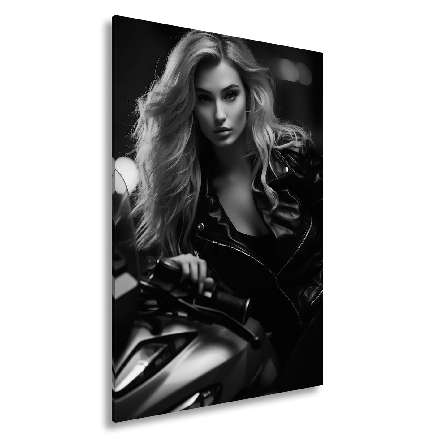 Leinwandbild Motorrad XXL – Bikerin mit feurigem Blick in der Nacht - deyoli