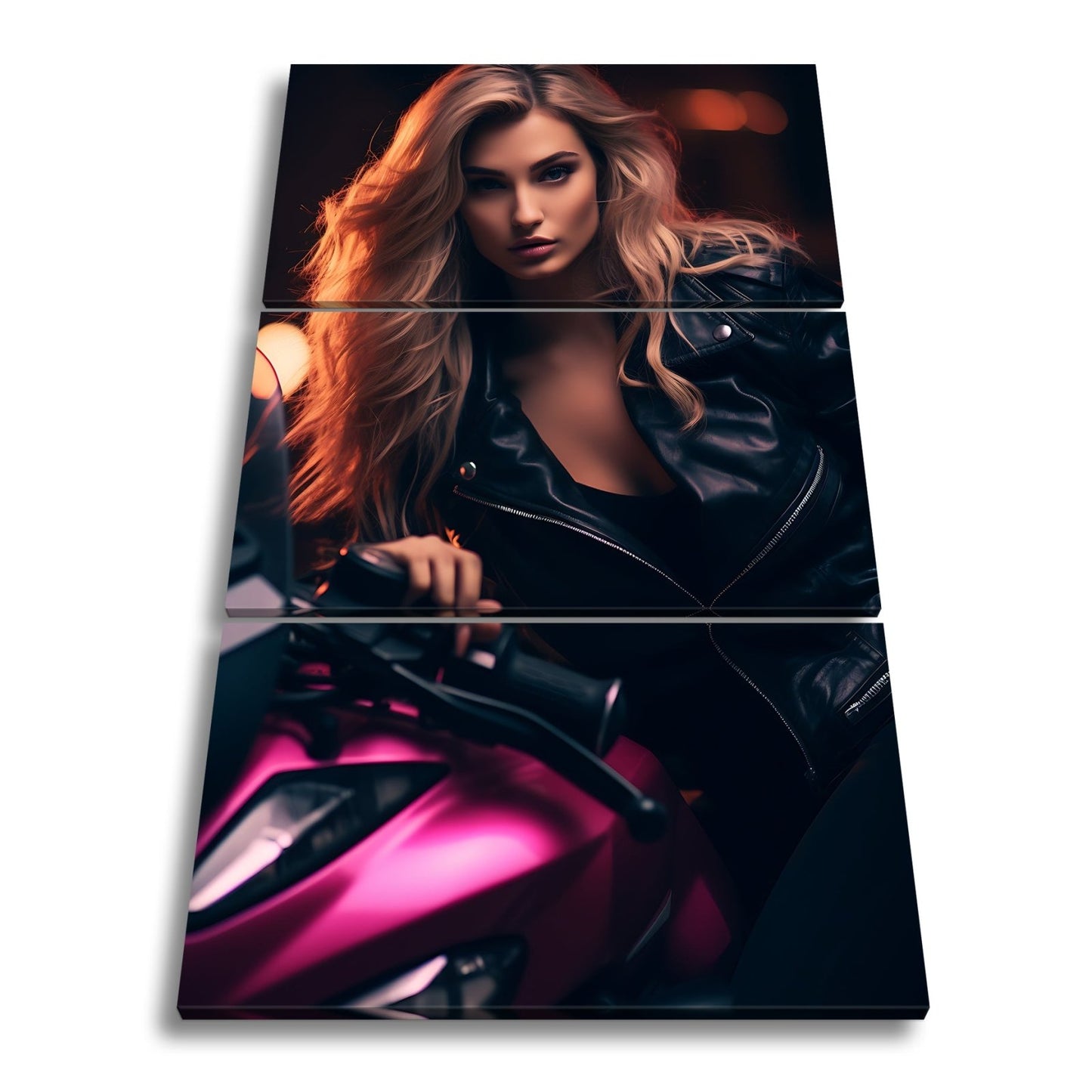 Leinwandbild Motorrad XXL – Bikerin mit feurigem Blick in der Nacht - deyoli