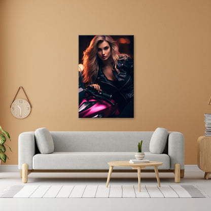 Leinwandbild Motorrad XXL – Bikerin mit feurigem Blick in der Nacht - deyoli