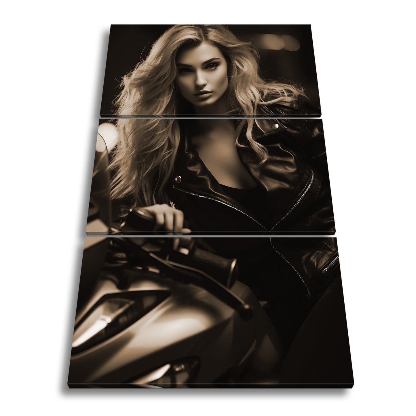 Leinwandbild Motorrad XXL – Bikerin mit feurigem Blick in der Nacht - deyoli