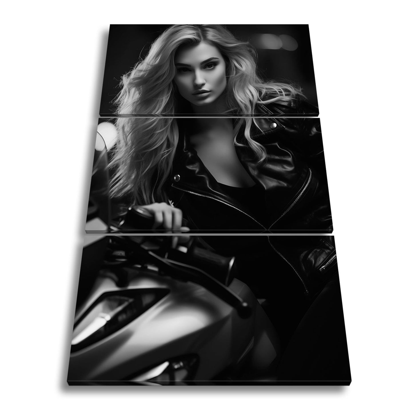 Leinwandbild Motorrad XXL – Bikerin mit feurigem Blick in der Nacht - deyoli