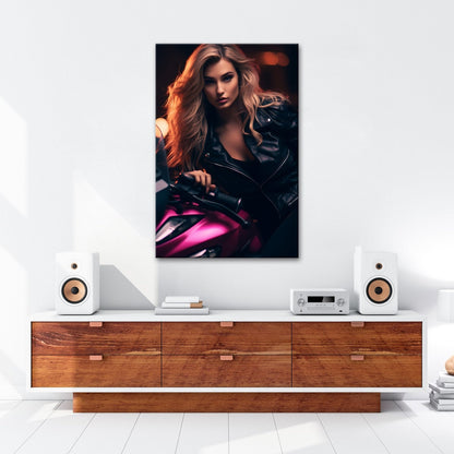 Leinwandbild Motorrad XXL – Bikerin mit feurigem Blick in der Nacht - deyoli