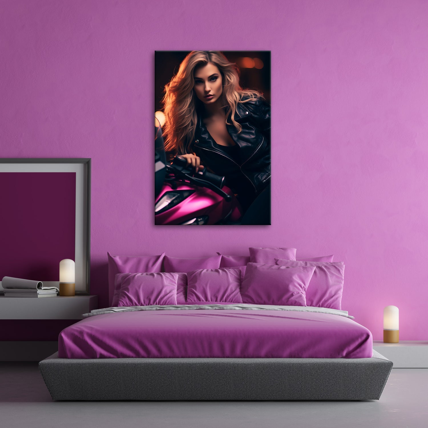 Leinwandbild Motorrad XXL – Bikerin mit feurigem Blick in der Nacht - deyoli