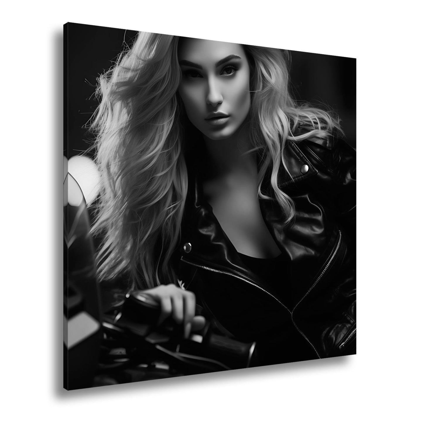 Leinwandbild Motorrad XXL – Bikerin mit feurigem Blick in der Nacht - deyoli