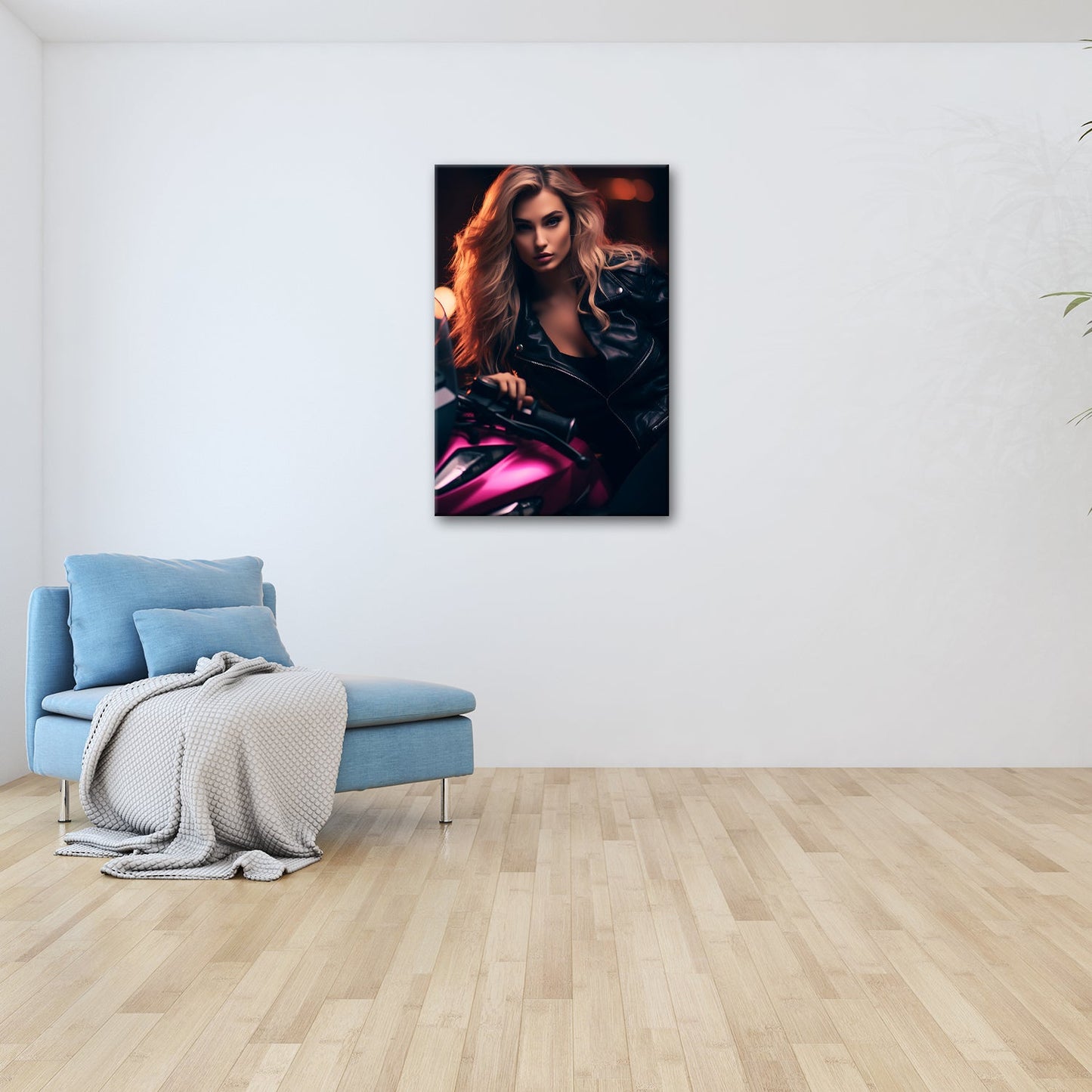 Leinwandbild Motorrad XXL – Bikerin mit feurigem Blick in der Nacht - deyoli