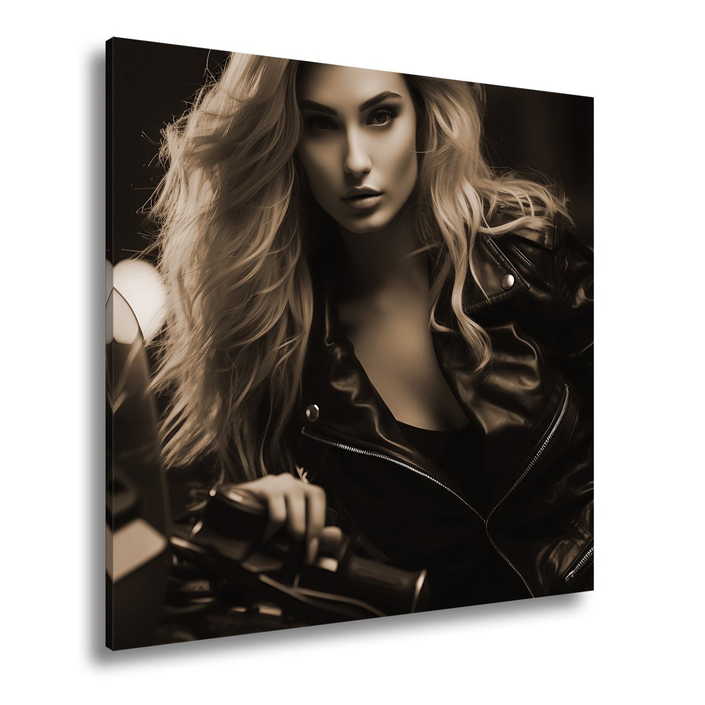 Leinwandbild Motorrad XXL – Bikerin mit feurigem Blick in der Nacht - deyoli