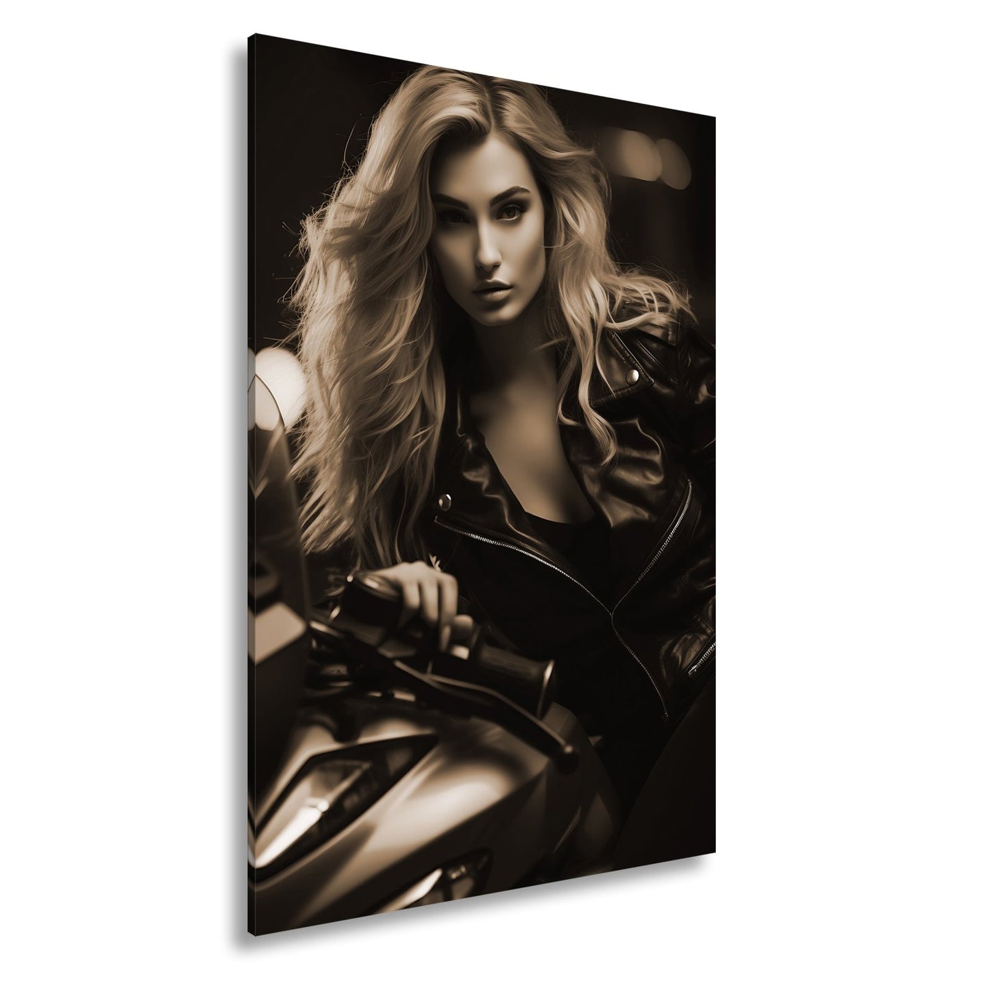 Leinwandbild Motorrad XXL – Bikerin mit feurigem Blick in der Nacht - deyoli