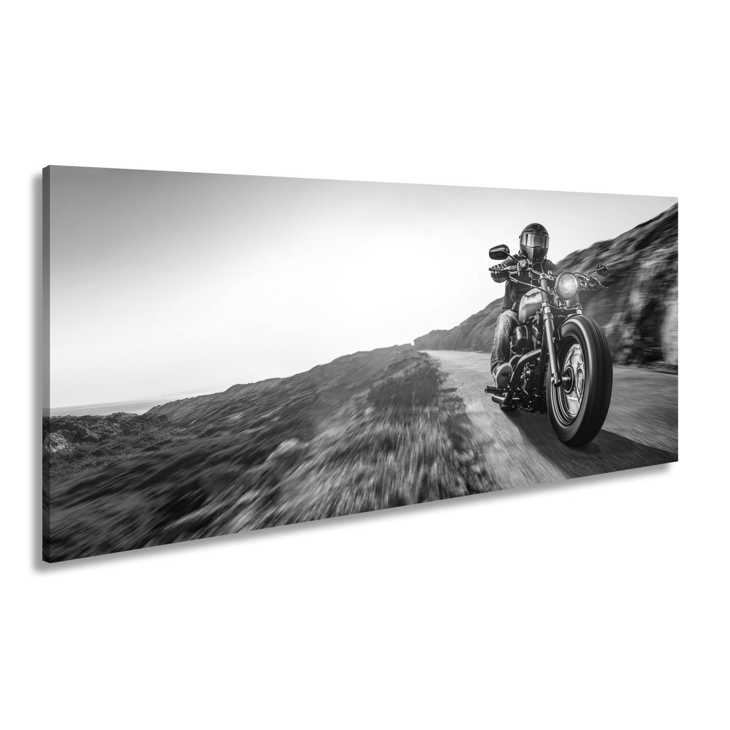 Leinwandbild Motorradfahrer im Sonnenlicht – Kurvige Bergstraße XXL - deyoli