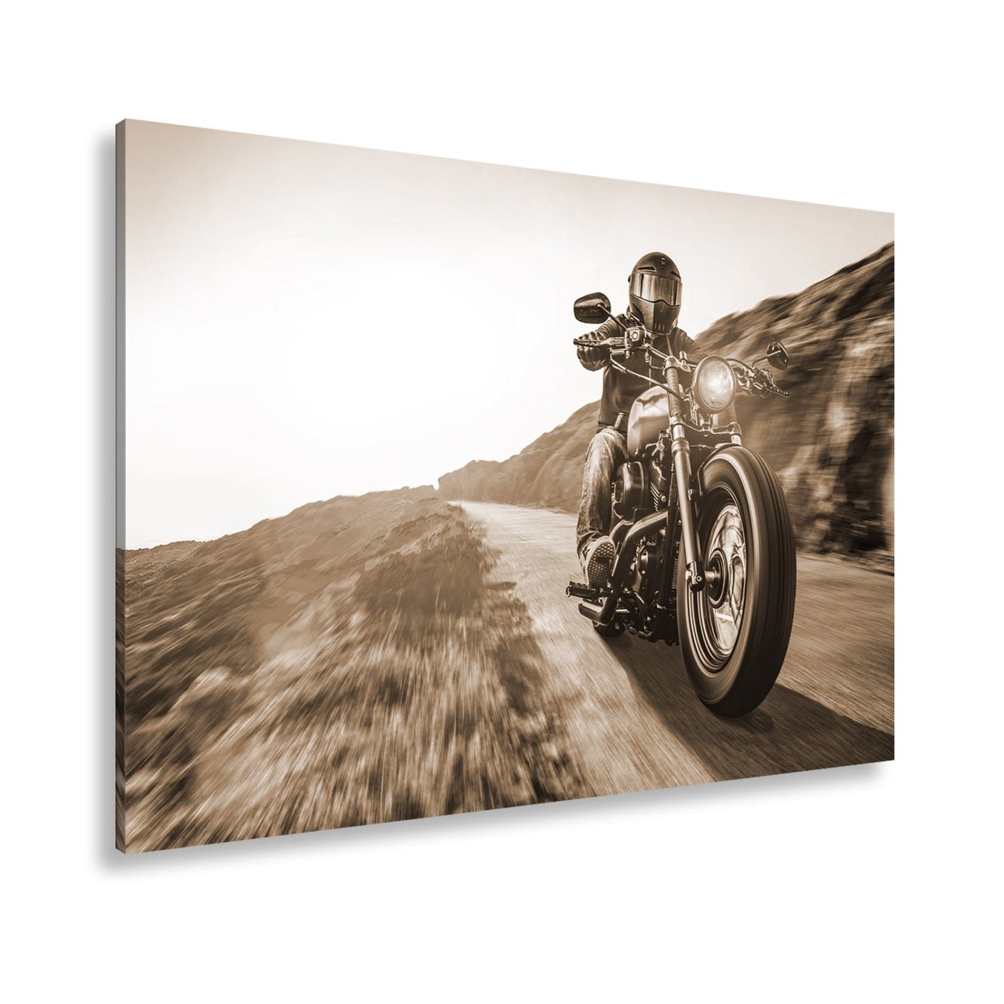 Leinwandbild Motorradfahrer im Sonnenlicht – Kurvige Bergstraße XXL - deyoli