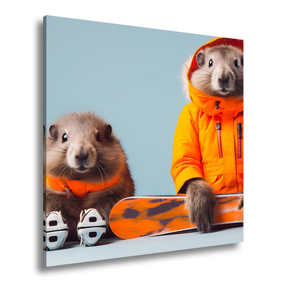 Leinwandbild Murmeltier - Duo bereit für den großen Pistenabflug. - deyoli