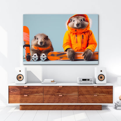 Leinwandbild Murmeltier - Duo bereit für den großen Pistenabflug. - deyoli
