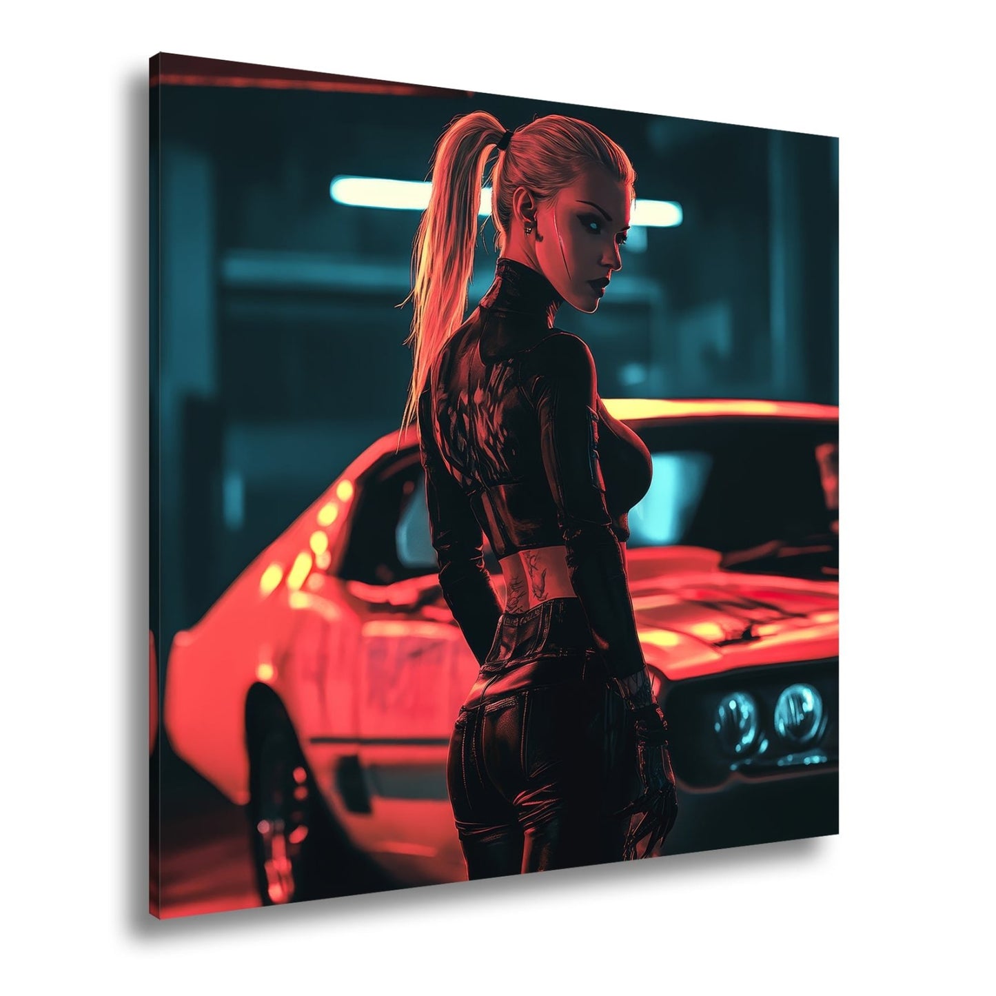 Leinwandbild Muscle Car XXL – Cyberfrau im Neonlicht vor heißem Sportwagen - deyoli