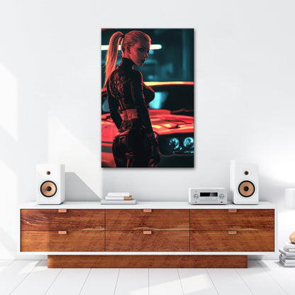 Leinwandbild Muscle Car XXL – Cyberfrau im Neonlicht vor heißem Sportwagen - deyoli