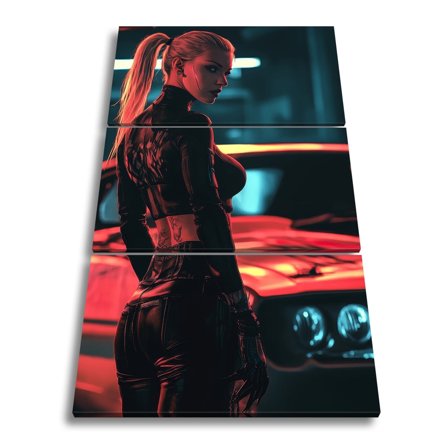 Leinwandbild Muscle Car XXL – Cyberfrau im Neonlicht vor heißem Sportwagen - deyoli
