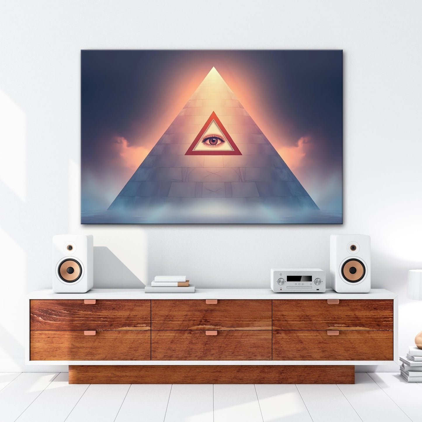 Leinwandbild Mystische Pyramide mit allsehender, leuchtender Präsenz - deyoli