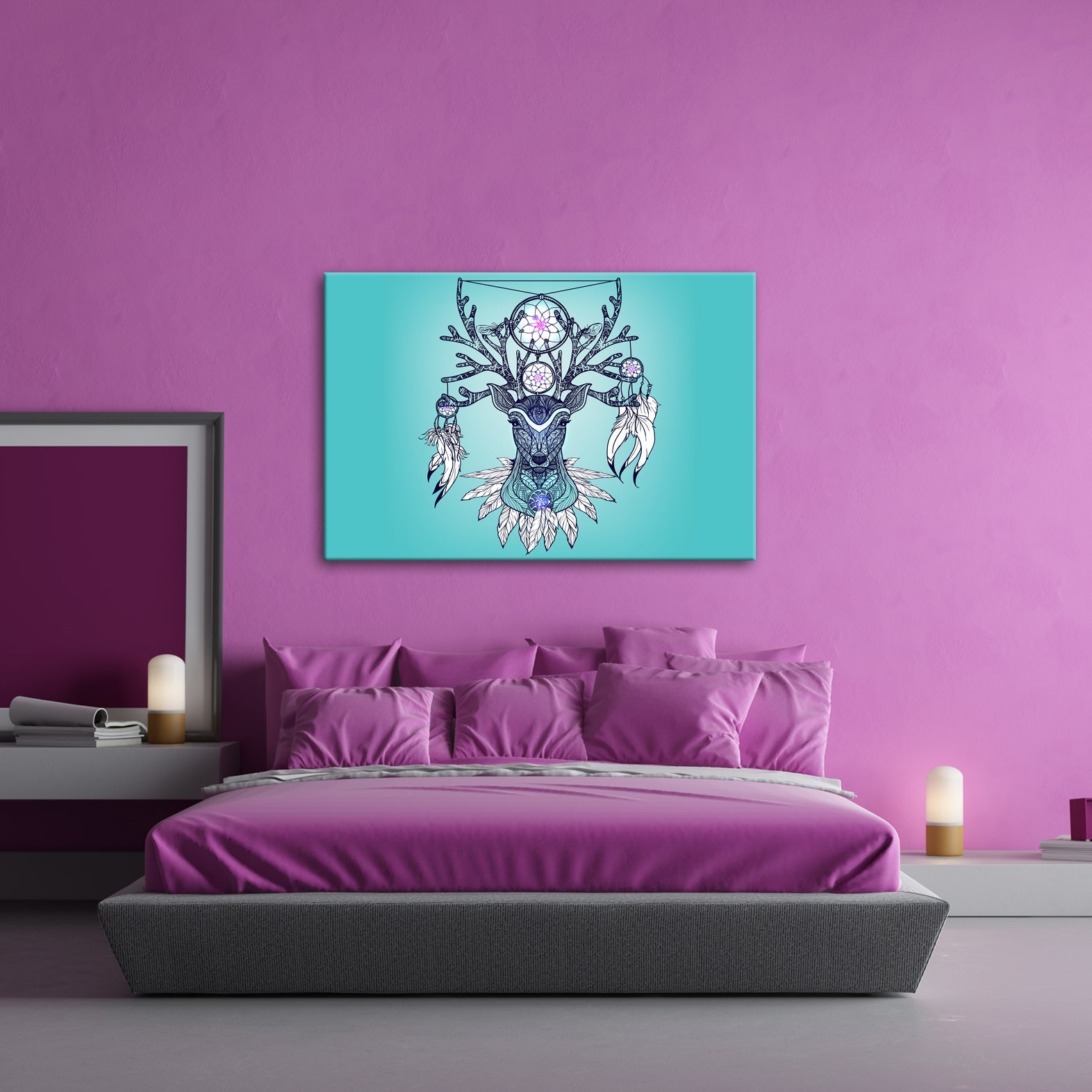Leinwandbild Mystischer Hirsch mit Traumfängern, kunstvoll und spirituell vereint - deyoli