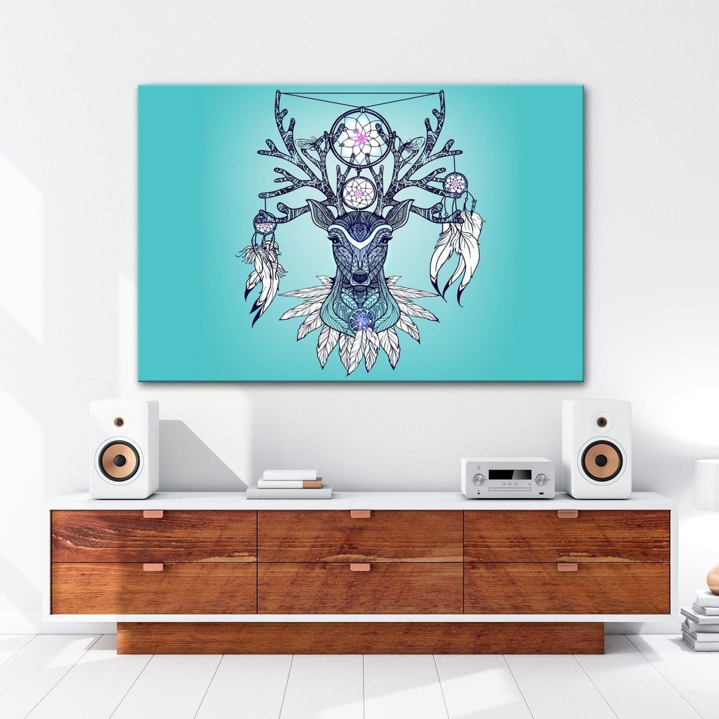 Leinwandbild Mystischer Hirsch mit Traumfängern, kunstvoll und spirituell vereint - deyoli