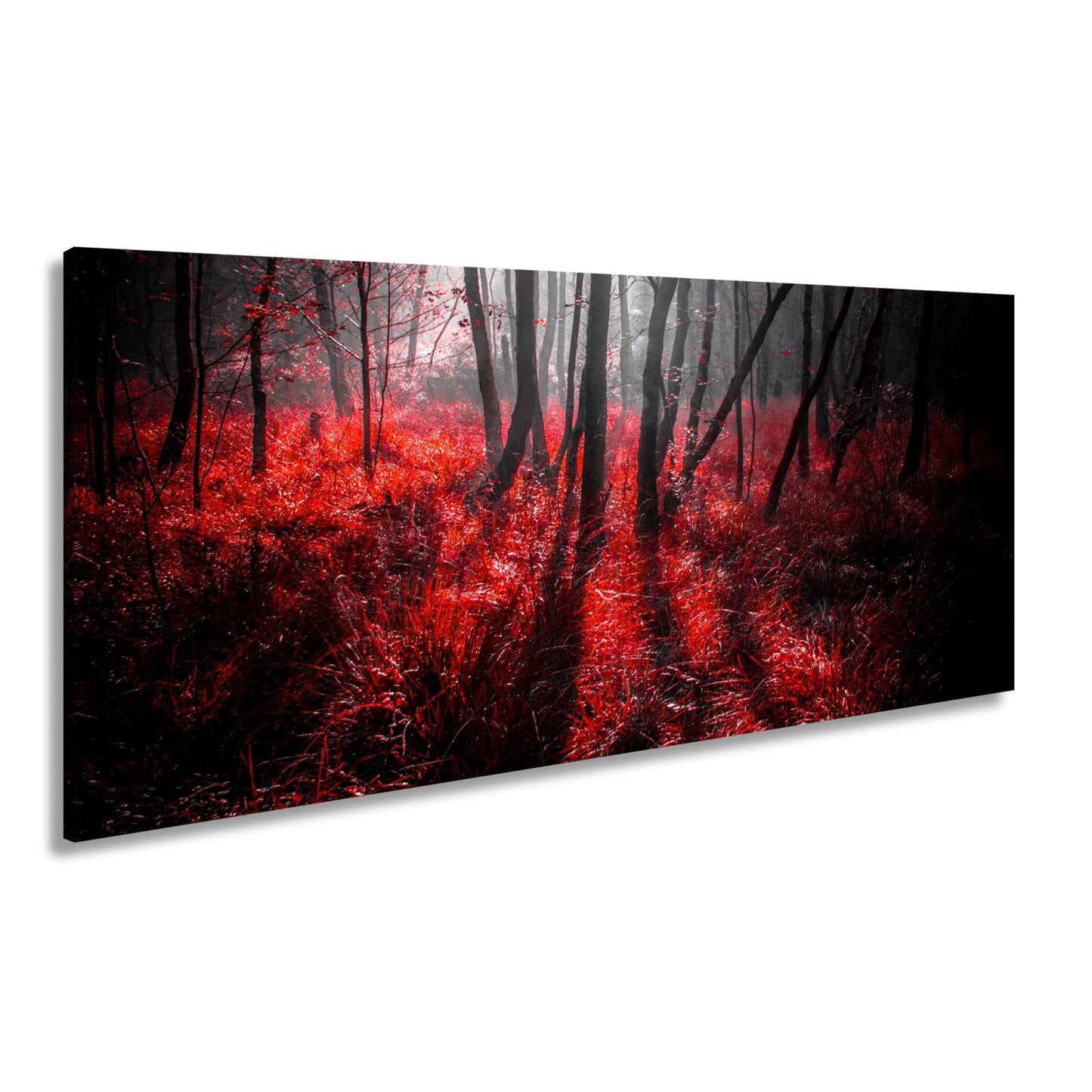 Leinwandbild Mystischer Wald, rot glühendes Gras im Nebelschimmer - deyoli