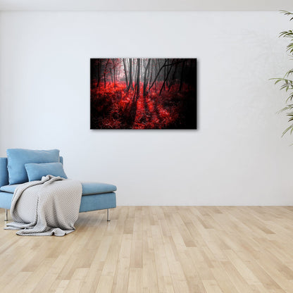 Leinwandbild Mystischer Wald, rot glühendes Gras im Nebelschimmer - deyoli