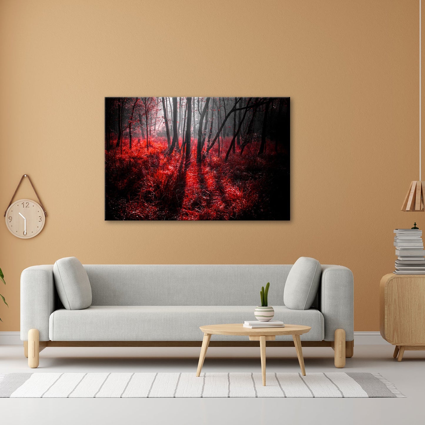 Leinwandbild Mystischer Wald, rot glühendes Gras im Nebelschimmer - deyoli