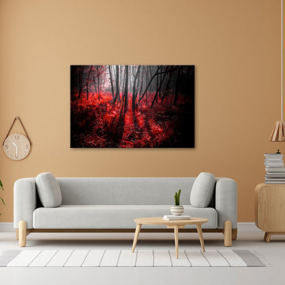 Leinwandbild Mystischer Wald, rot glühendes Gras im Nebelschimmer - deyoli