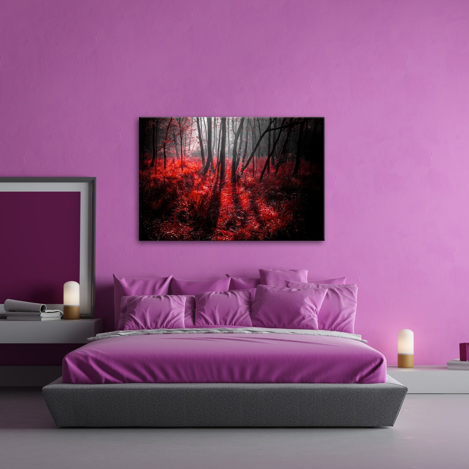 Leinwandbild Mystischer Wald, rot glühendes Gras im Nebelschimmer - deyoli
