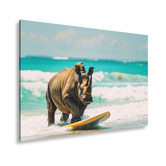Leinwandbild Nashorn surft kraftvoll – Türkisene Wellen XXL - deyoli