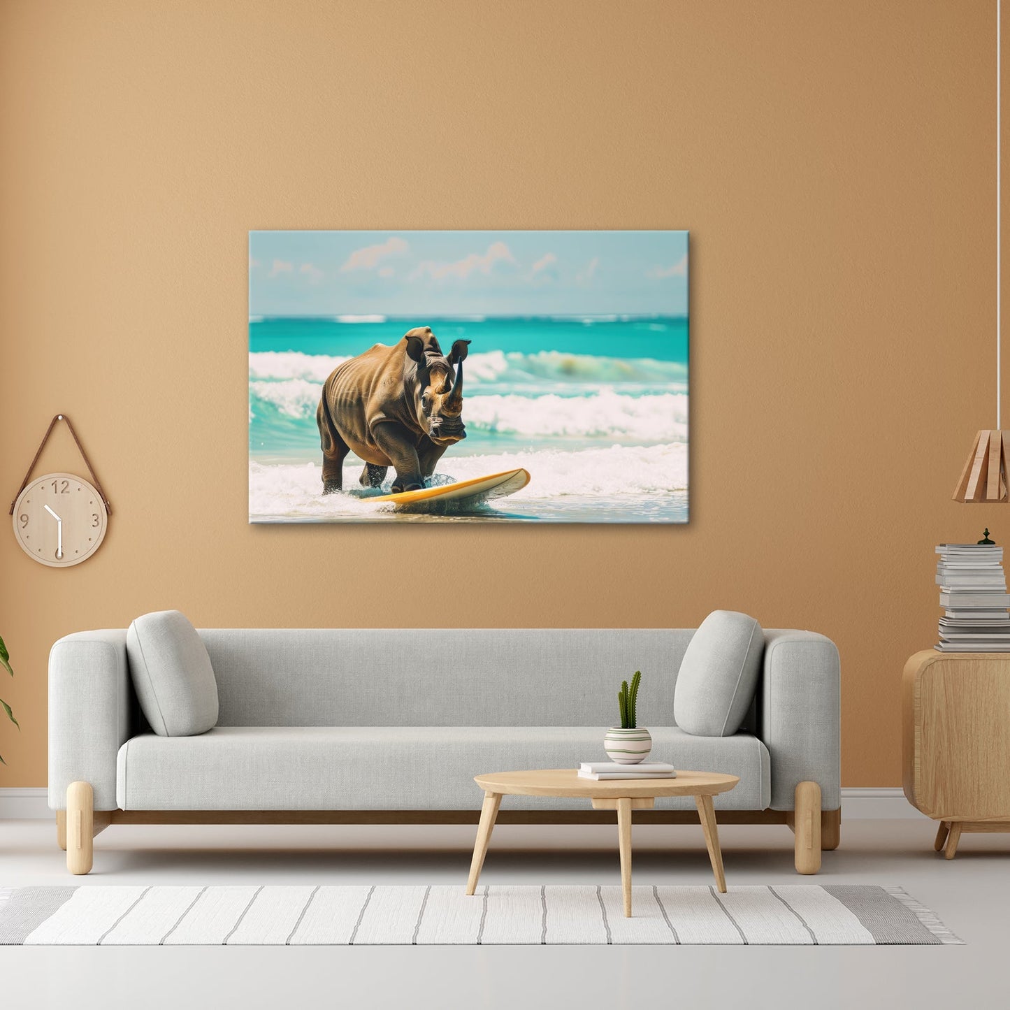 Leinwandbild Nashorn surft kraftvoll – Türkisene Wellen XXL - deyoli