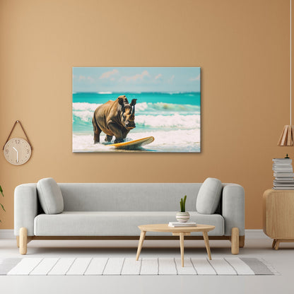 Leinwandbild Nashorn surft kraftvoll – Türkisene Wellen XXL - deyoli