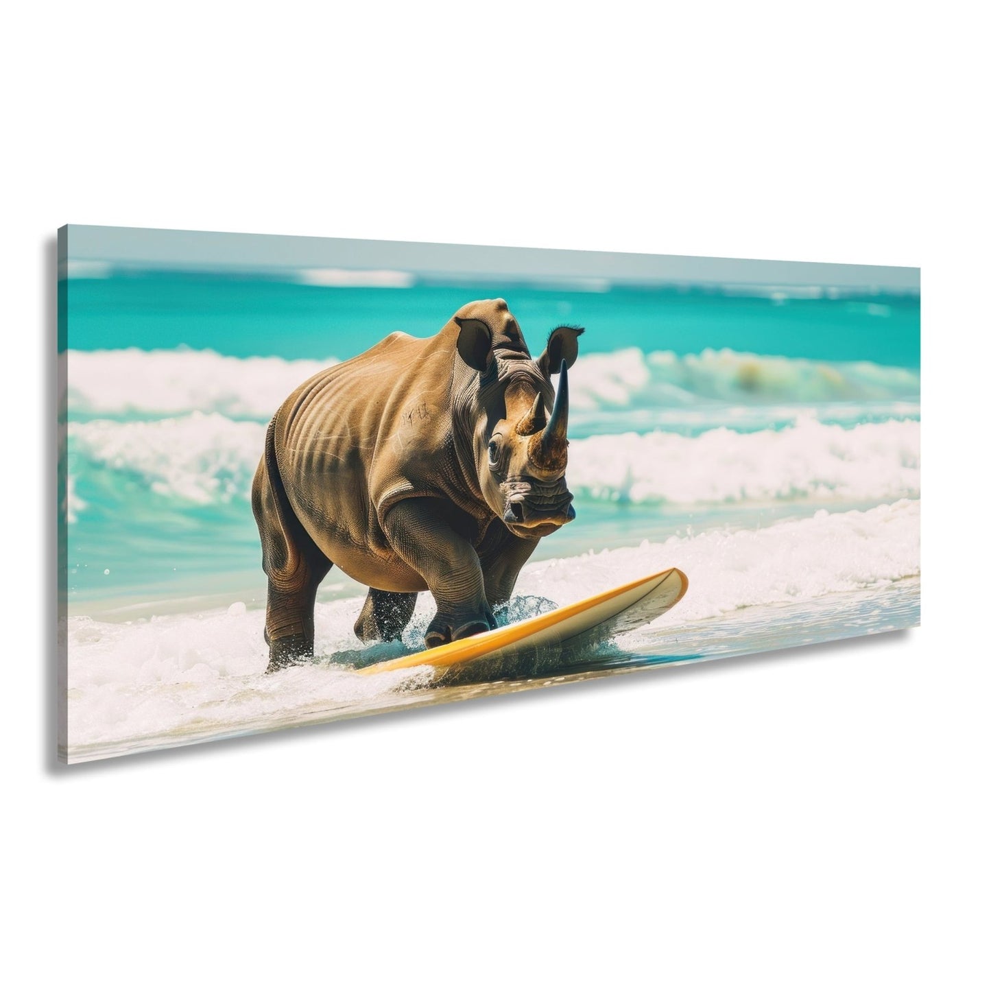 Leinwandbild Nashorn surft kraftvoll – Türkisene Wellen XXL - deyoli