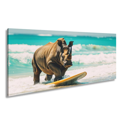 Leinwandbild Nashorn surft kraftvoll – Türkisene Wellen XXL - deyoli