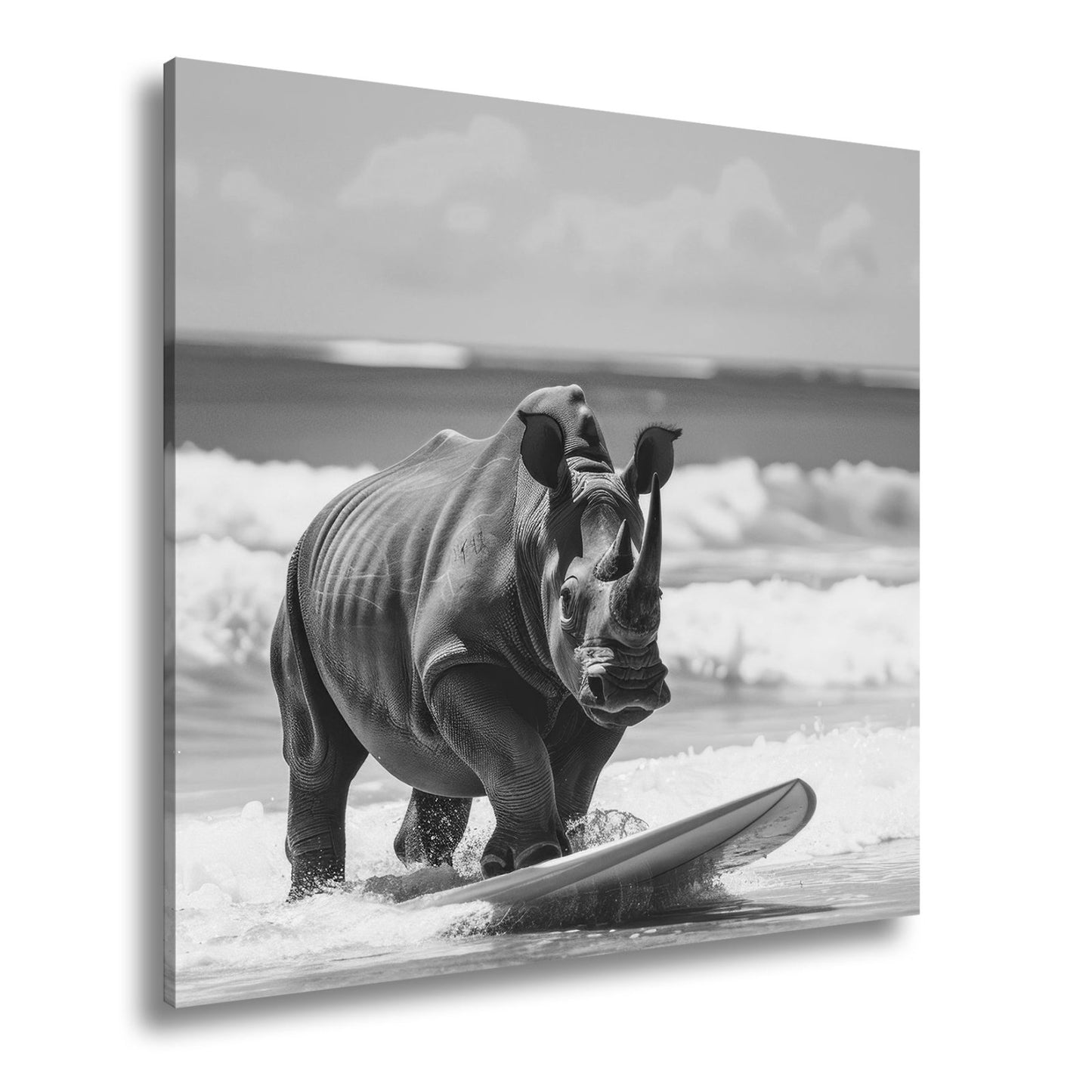 Leinwandbild Nashorn surft kraftvoll – Türkisene Wellen XXL - deyoli