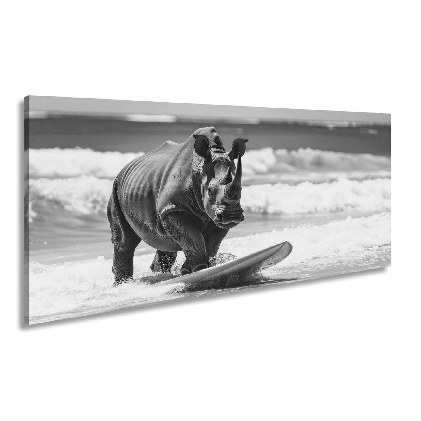 Leinwandbild Nashorn surft kraftvoll – Türkisene Wellen XXL - deyoli